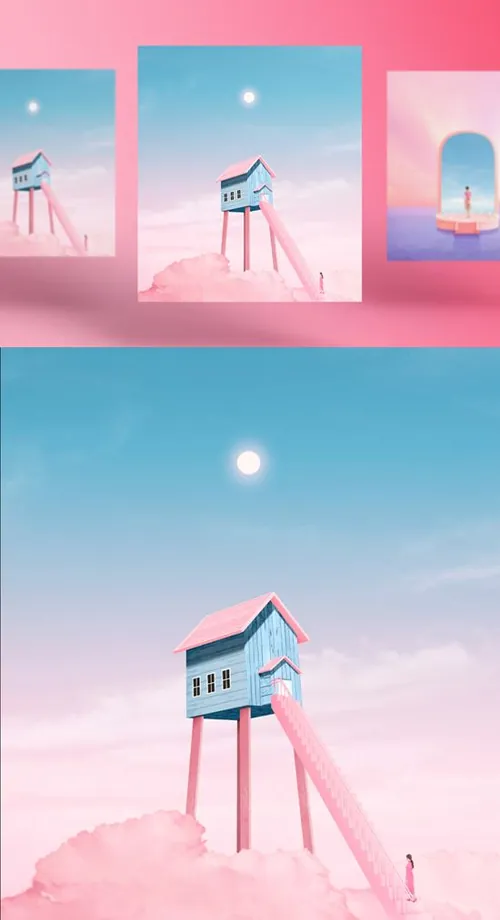 少女粉三维虚拟概念场景网红照3D合成PSD模板