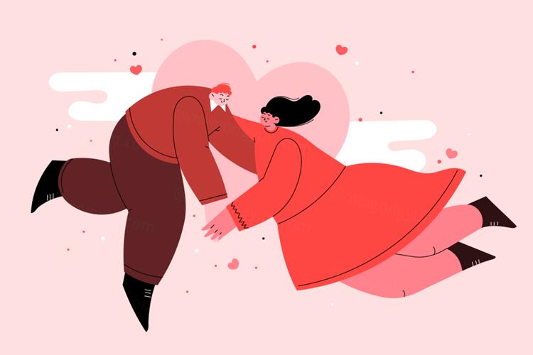 手绘粉色系情人节七夕情侣爱情专题创意扁平人物插画EPS矢量设