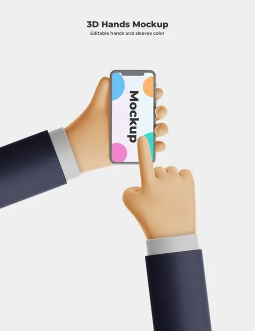 卡通手持手机APP设计提案UI界面贴图样机模板 3d cartoon hand with phone mockup