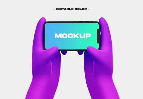 卡通手持手机APP设计提案UI界面贴图样机模板 3d cartoon hand with phone mockup