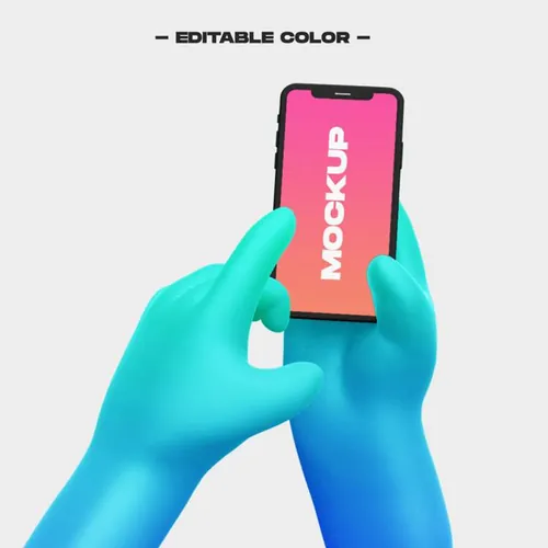 卡通手持手机APP设计提案UI界面贴图样机模板 3d cartoon hand with phone mockup