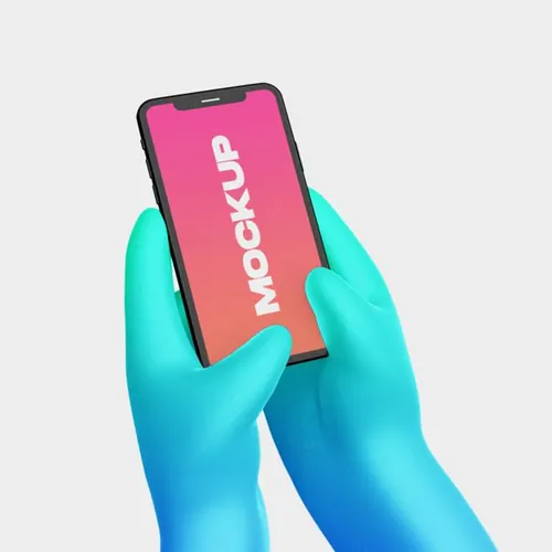 卡通手持手机APP设计提案UI界面贴图样机模板 3d cartoon hand with phone mockup