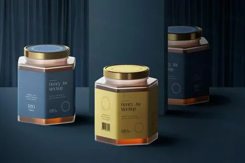 高质量蜂蜜透明玻璃罐头包装设计贴图展示样机模板 Honey