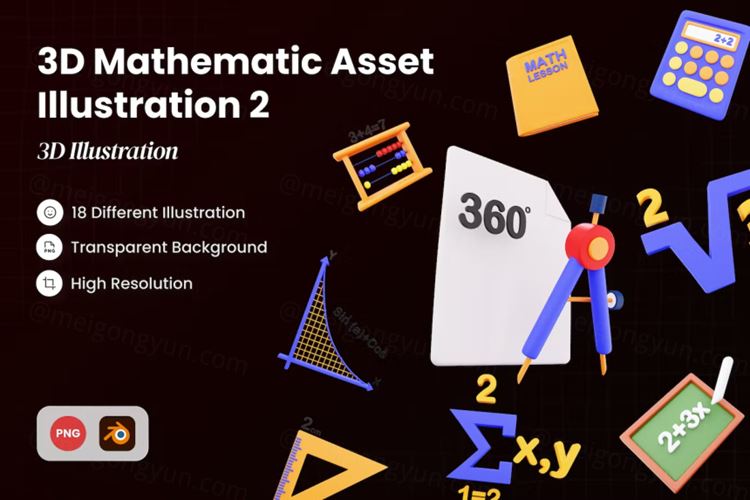 三维渲染珠算公式代数计算器几何数学主题3D图标插画素材 3D