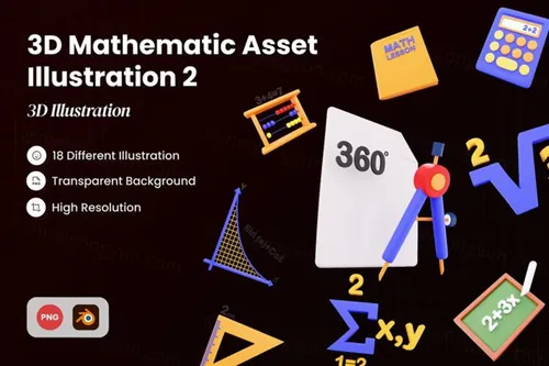 三维渲染珠算公式代数计算器几何数学主题3D图标插画素材 3D