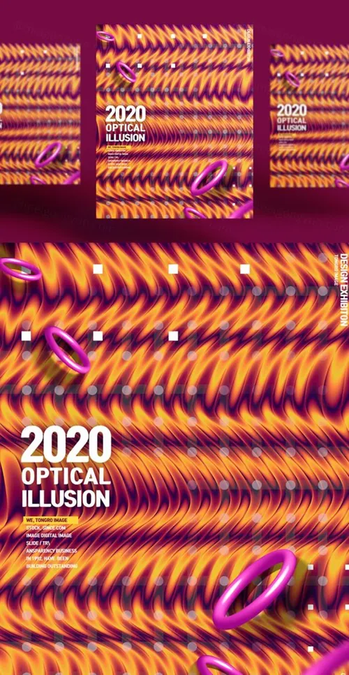 彩色错觉抽象几何弯曲形状社交媒体海报设计模板