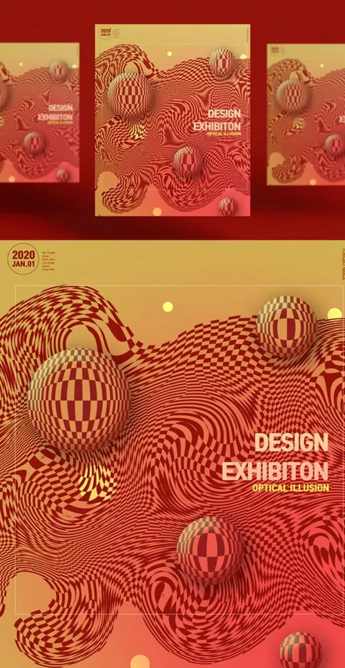 红色错觉抽象几何弯曲形状社交媒体海报设计模板