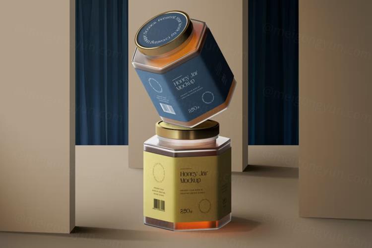 高质量蜂蜜透明玻璃罐头包装设计贴图展示样机模板 Honey