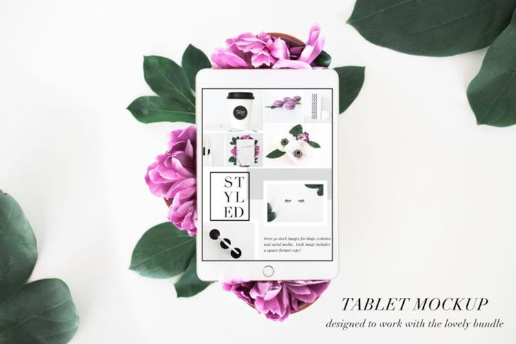 花卉装饰场景平板电脑样机模板PSD-Tablet-Mockup-Floral-Stock-Photo