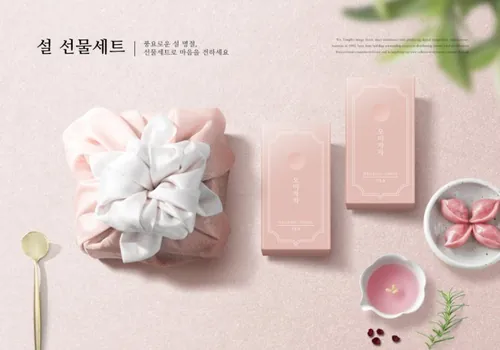 韩式农历新年粉色饺子礼物套装海报设计模板