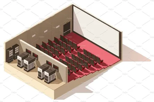 矢量2.5D等距设计风格电影院素材 Vector isometric low poly movie theater cutaway