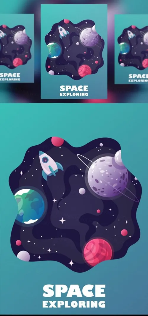 扁平化宇宙太空旅行海报横幅矢量素材 universe. space trip. vector illustration