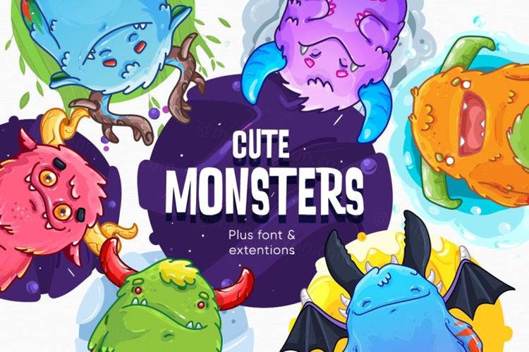 可爱有趣的小怪兽贴纸剪贴画素材 Cute Monsters