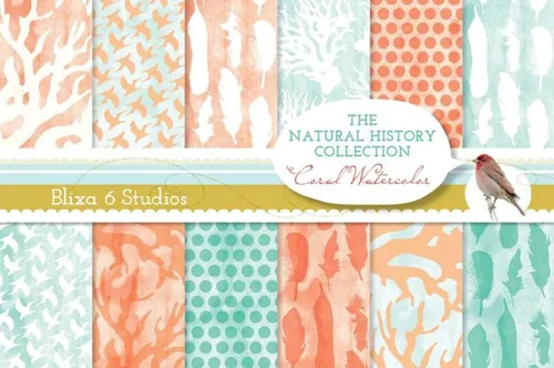 手绘水彩图案无缝背景Coral Watercolor Digital Papers