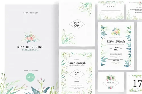 春天手绘水彩花卉植物设计模板 Kiss-Of-Spring-Wedding-Collection