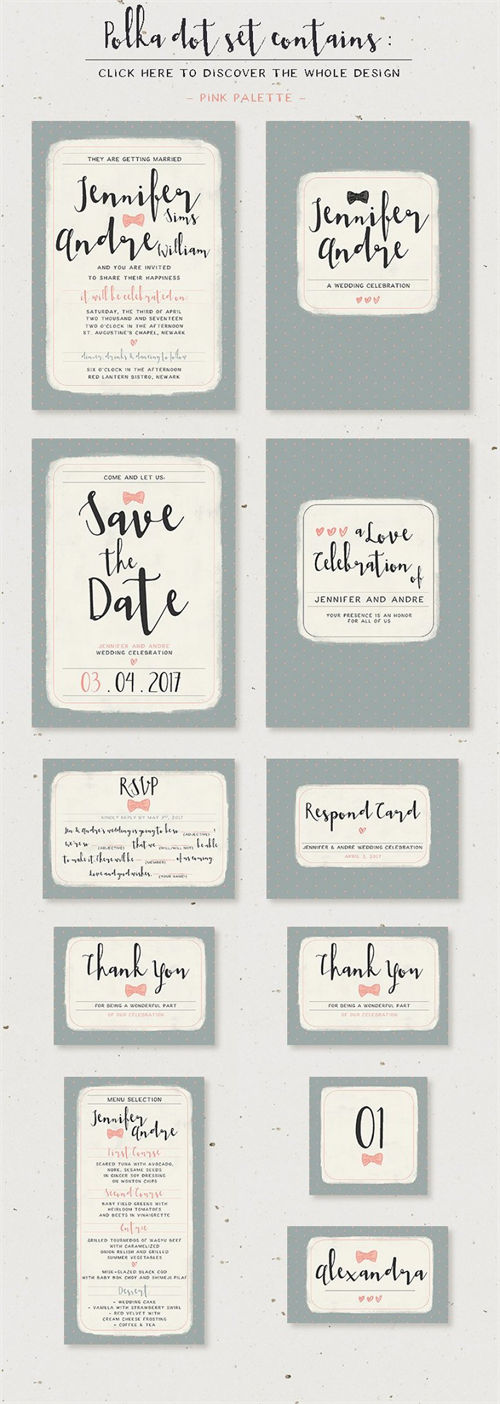 手绘波尔卡圆点图案优雅婚礼设计模板 Sweet-Polka-Dots-Wedding-Suite