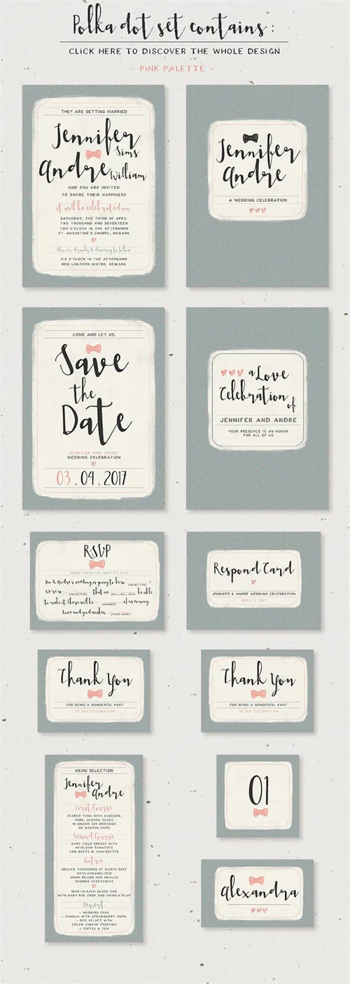 手绘波尔卡圆点图案优雅婚礼设计模板 Sweet-Polka-Dots-Wedding-Suite