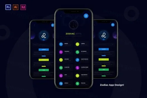 星座黄道十二宫主题的APP UI应用程序设计模板下载（XD,Ai,PS