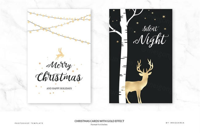 铂金镶嵌效果圣诞节贺卡模板 Black-White-Christmas-Cards-