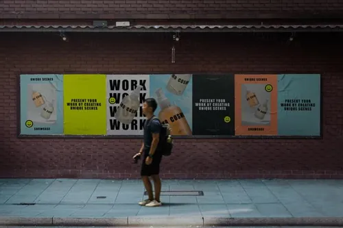 户外街头广告牌宣传海报广告设计贴图展示样机模板 Wall P