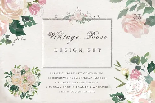 复古手绘水彩玫瑰花卉设计素材 Flower-Clipart-