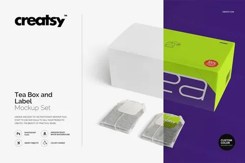 茶叶盒和标签样机模版 Tea Box and Label Mockup Set
