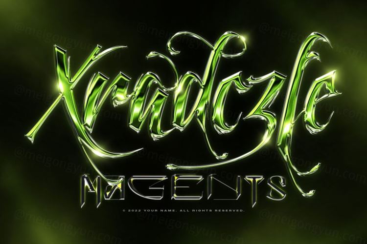 新潮流复古未来派酸性艺术镀铬金属3D立体字特效PSD模板 C