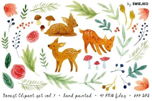 手绘水彩森林主题野生植物和动物插画素材 Forest clipart set vol. 1