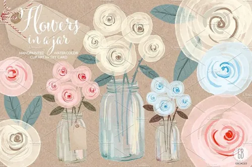 手绘水彩花卉元素梅森罐子设计素材 Watercolor-cr