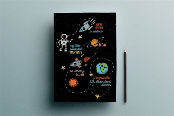高品质的生日聚会派对邀请函贺卡海报设计模板 space-themed-birthday-party-invita...