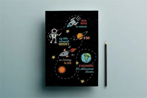 高品质的生日聚会派对邀请函贺卡海报设计模板 space-themed-birthday-party-invita...