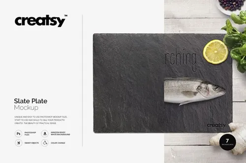 厨房砧板食材样机素材 PSD_Slate_Plate_Mockup