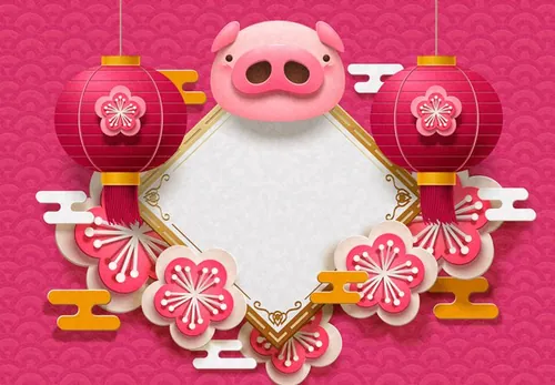 2019年复古传统可爱的猪头和空白的春联年画新年高清背景素材