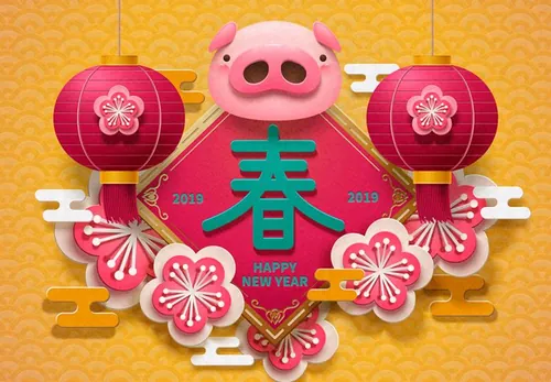 2019年复古传统可爱的猪头和空白的春联年画新年高清背景素材