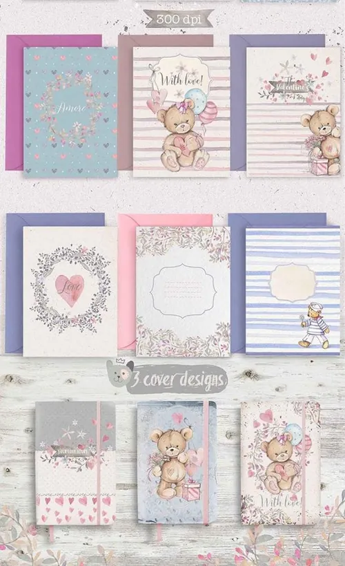 情人节爱心可爱泰迪熊手绘水彩图案花卉背景元素