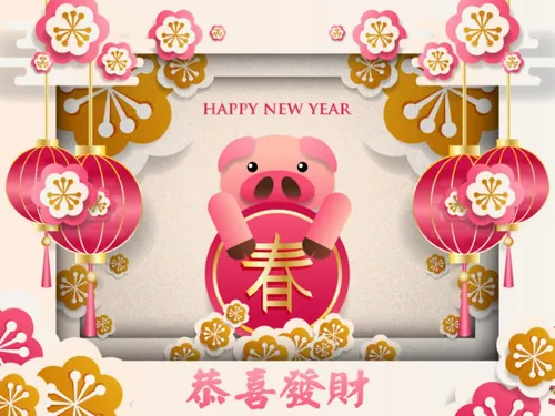 年复古传统可爱的猪头和空白的春联年画新年矢量海报素材