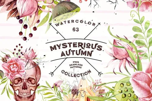 手绘水彩万圣节元素花卉植物设计素材 Watercolor-M
