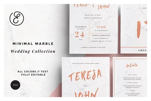 精致简约大理石纹理卡片设计模板 Minimal-Marble-Wedding-Collection