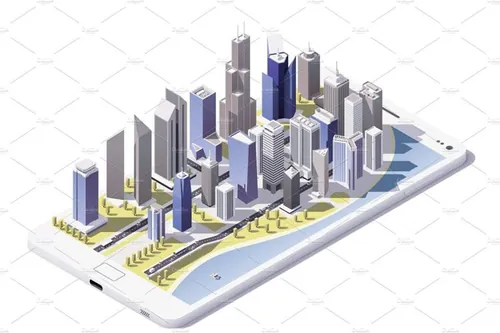 智能手机屏幕上的等距低聚城市街道插图素材Vector isometric city on the smartph...