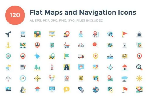 平面地图和导航图标设计 120 Flat Maps and Navigation