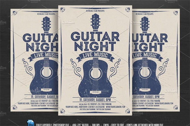 经典音乐晚会传单 Guitar Night Vintage Music Flyer