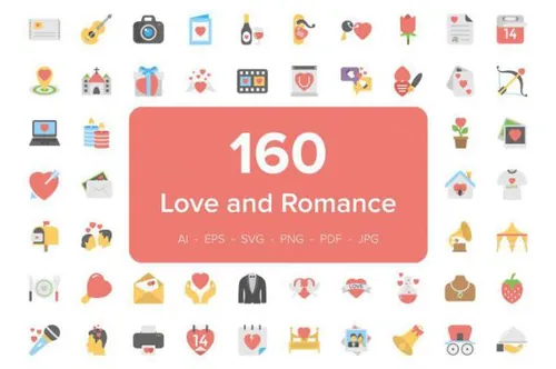 浪漫的爱情图标素材 160 Love and Romance Flat Icon