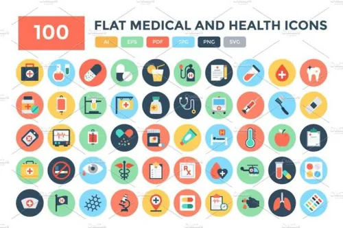 医学和健康图标素材 100 Flat Medical and Health Ic