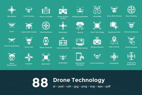 无人机技术矢量图标 88 Drone Technology Vector Ico