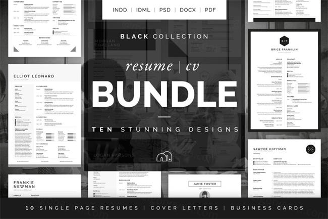 经典黑配色简历模板包 Black Collection Resume CV Bundle