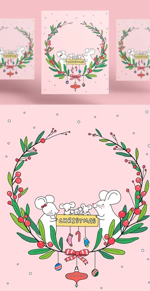 韩式花环创意年鼠年海报模板