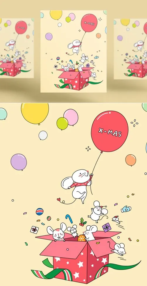 礼品盒放飞的气球鼠年年海报素材
