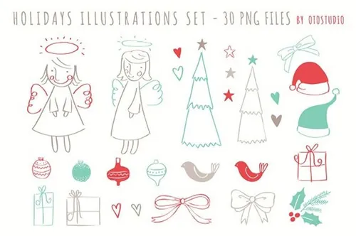 圣诞节线条装饰物品设计素材Christmas Clip art set - PNG