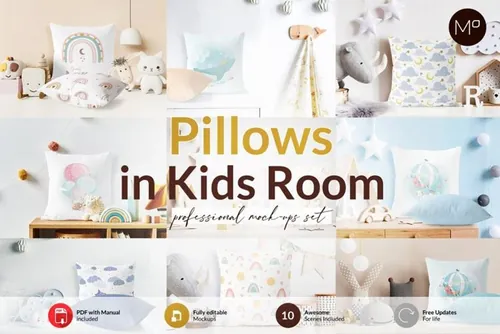 儿童婴儿房方形抱枕枕头图案设计展示样机模板 Pillows