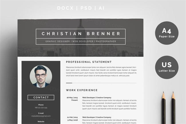 现代风格的简历模板 Modern Resume Template 3 Pages